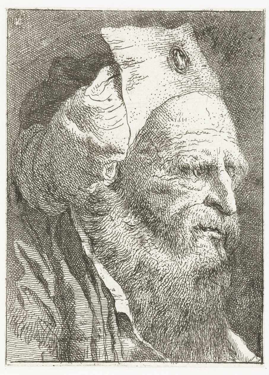 Homem de chapéu virado para cima Coleção de cabeças (título da série) Raccolta di Teste (título da série) de Giovanni Domenico Tiepolo