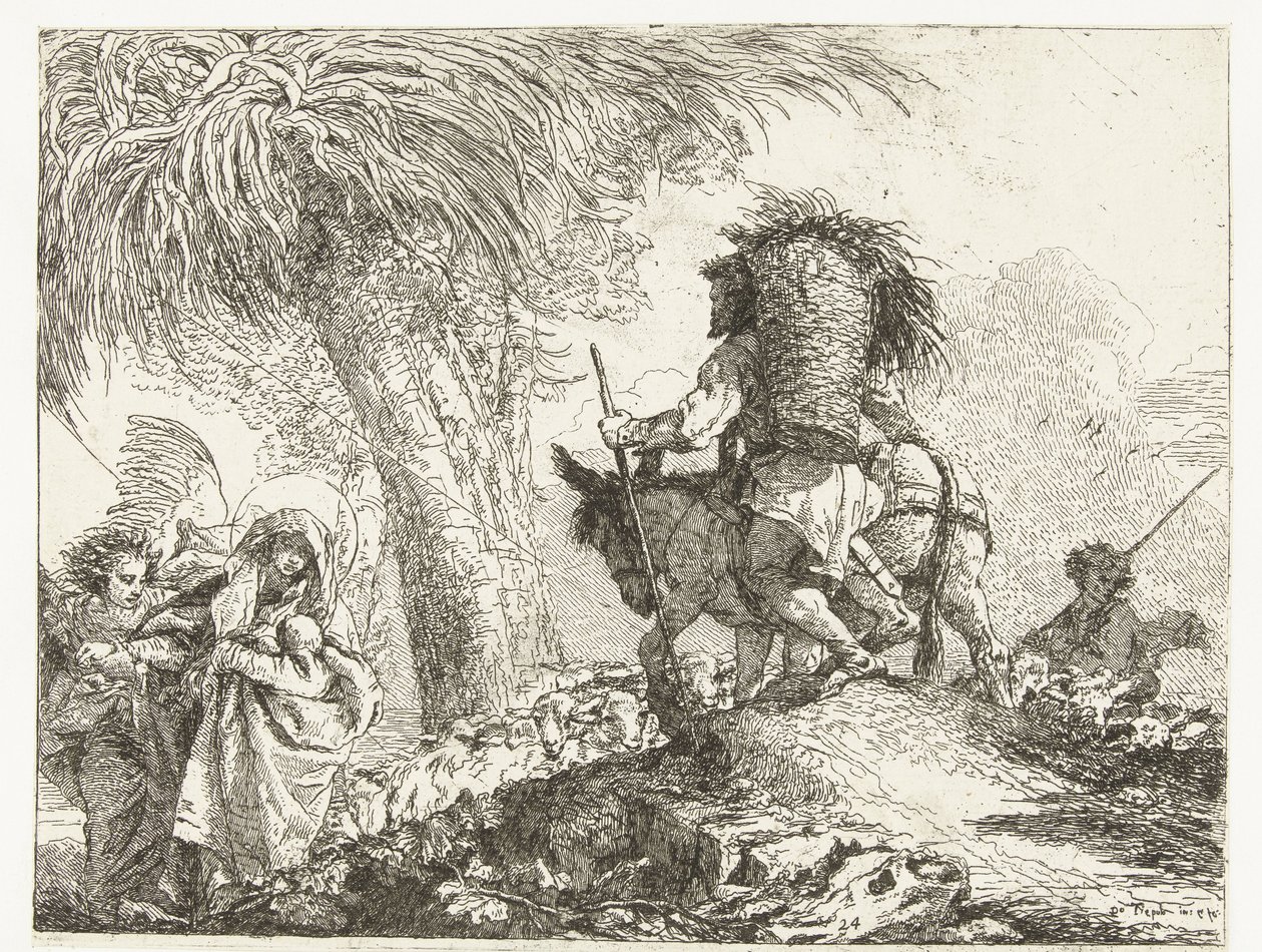 Maria com o Menino apoiada por um anjo e José conduz um jumento por um pastor com ovelhas Voo para o Egito (título da série) Idea pitoresca sopra la fugga em Egitto (título da série) de Giovanni Domenico Tiepolo