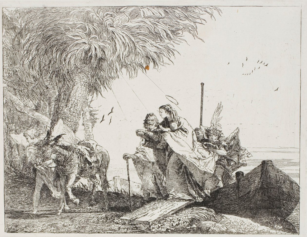 Maria, Ajudada por José e um Anjo, Saindo do Barco, placa dezoito de A Fuga para o Egito de Giovanni Domenico Tiepolo