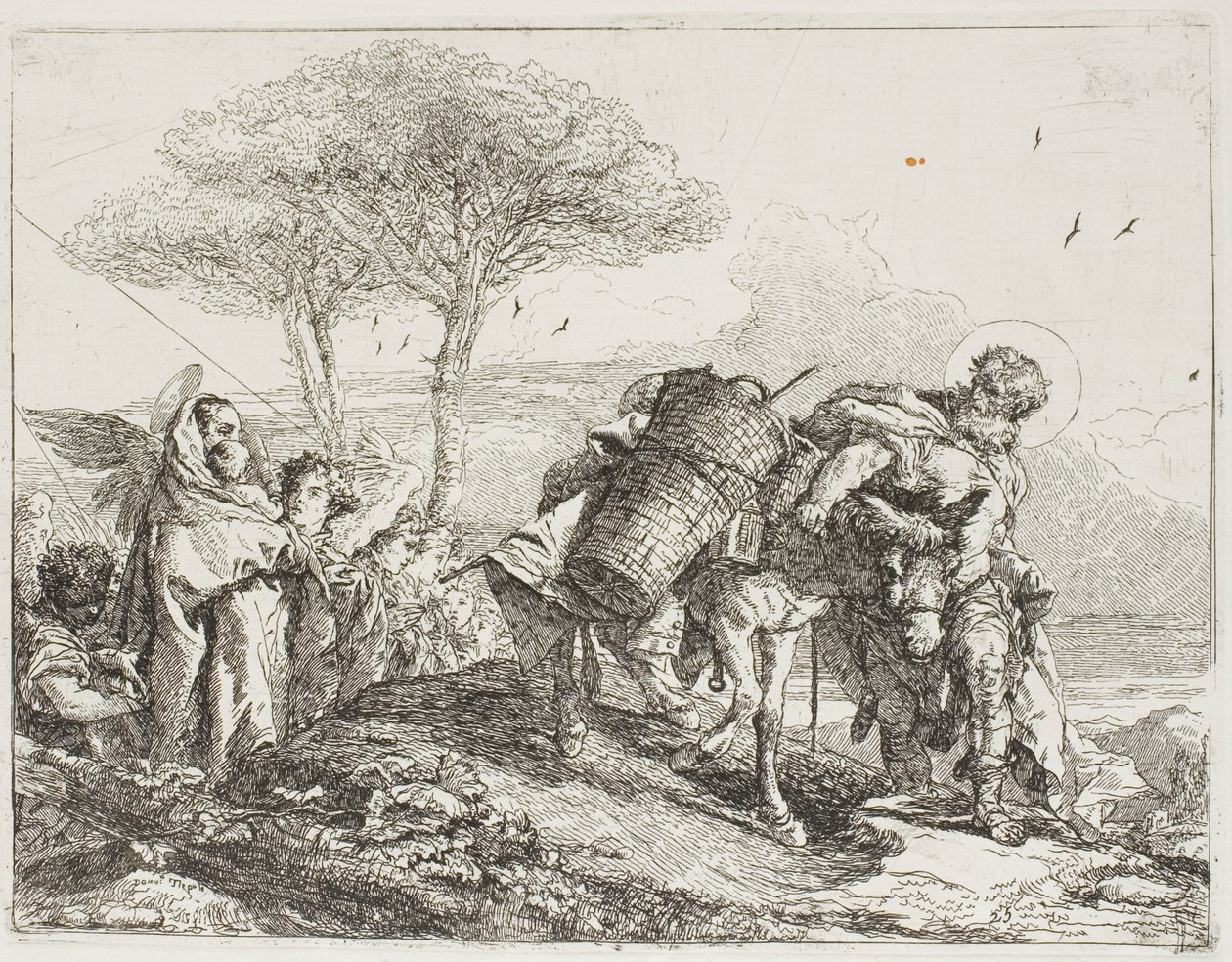 Maria, ajudada por dois anjos, segue José com o jumento, placa 25 de A Fuga para o Egito de Giovanni Domenico Tiepolo