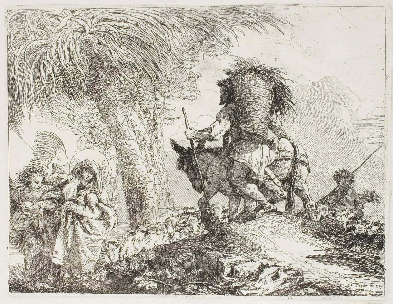 Maria, ajudada por um anjo, e José carregando a cesta, passando um rebanho, placa 24 de A Fuga para o Egito de Giovanni Domenico Tiepolo