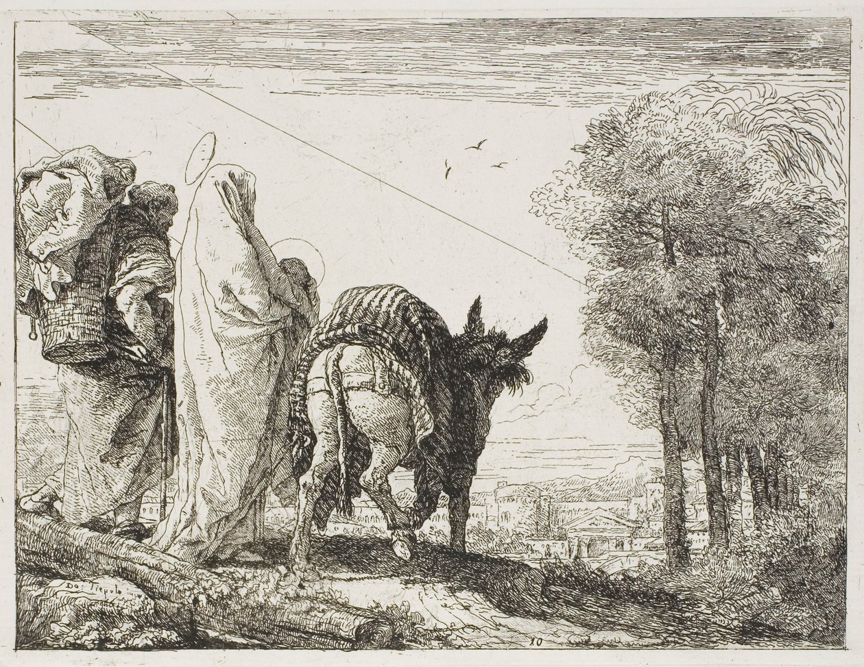 Maria segurando a criança em seus braços e José com a cesta, prato dez de A Fuga para o Egito de Giovanni Domenico Tiepolo