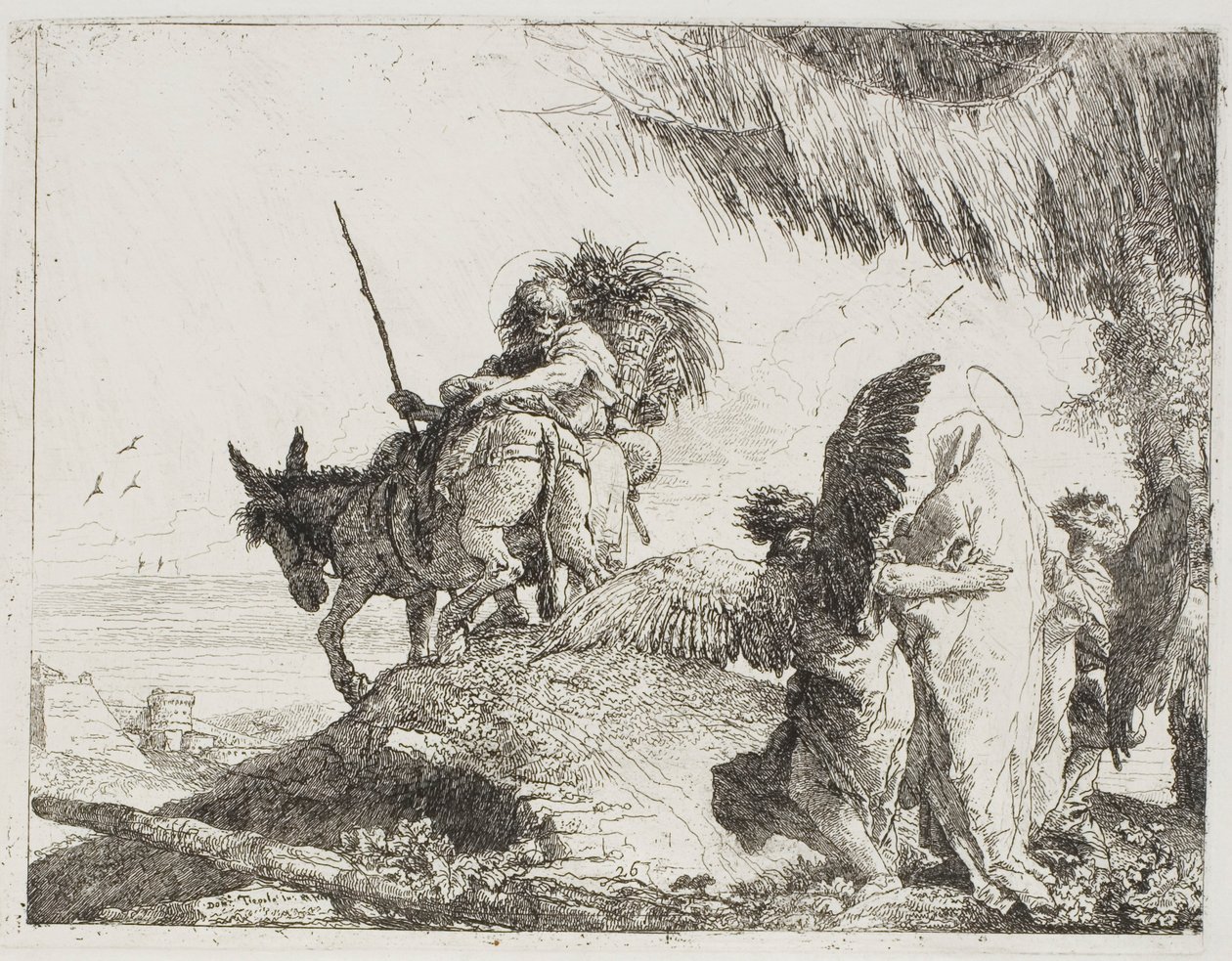 Maria, apoiada por dois anjos, segue José, placa 26 de A Fuga para o Egito de Giovanni Domenico Tiepolo