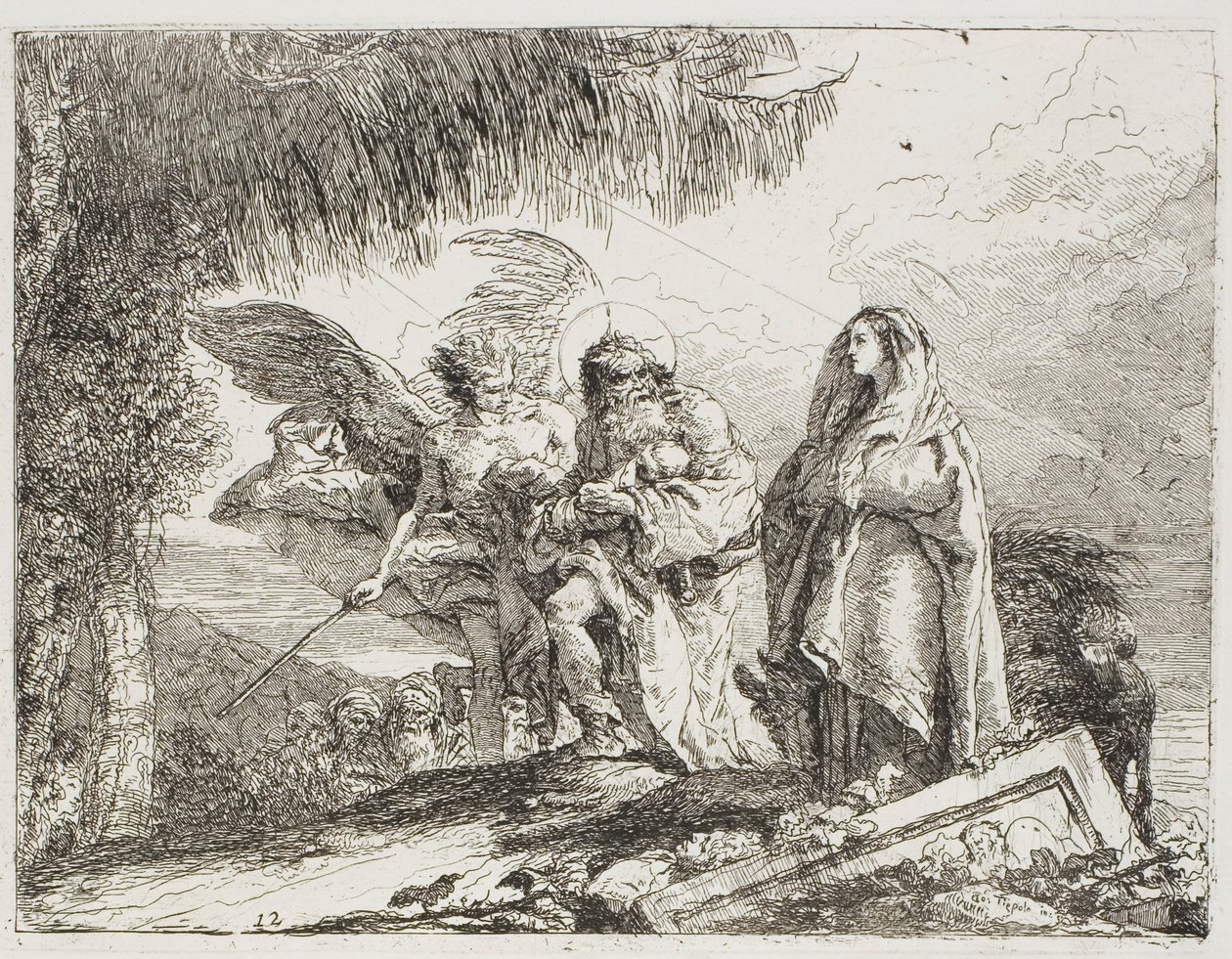 Maria e José, segurando a criança, são escoltados por um anjo, placa doze de A Fuga para o Egito de Giovanni Domenico Tiepolo