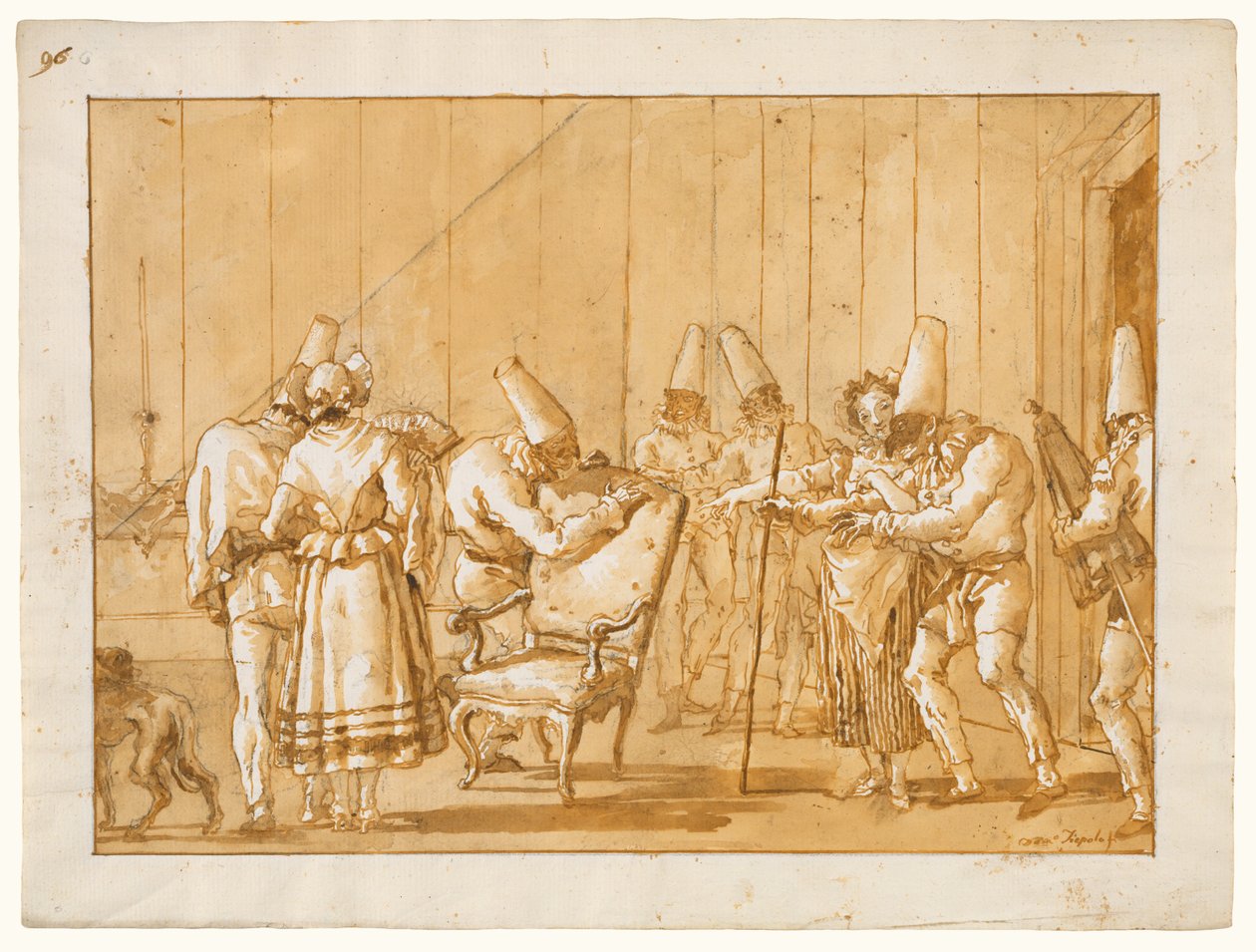 Punchinello é ajudado a sentar-se numa cadeira de Giovanni Domenico Tiepolo