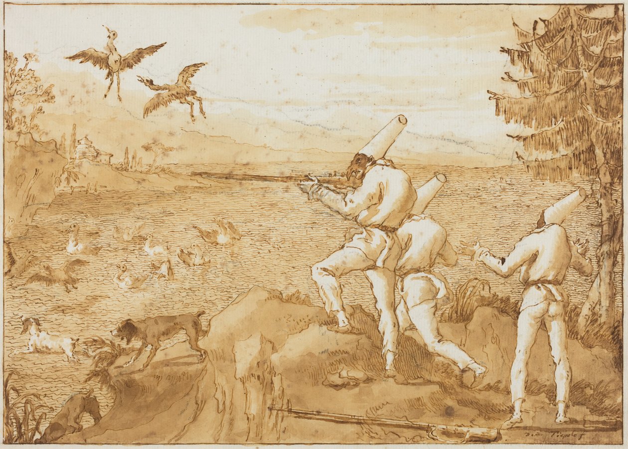 Punchinellos a caçar aves aquáticas de Giovanni Domenico Tiepolo