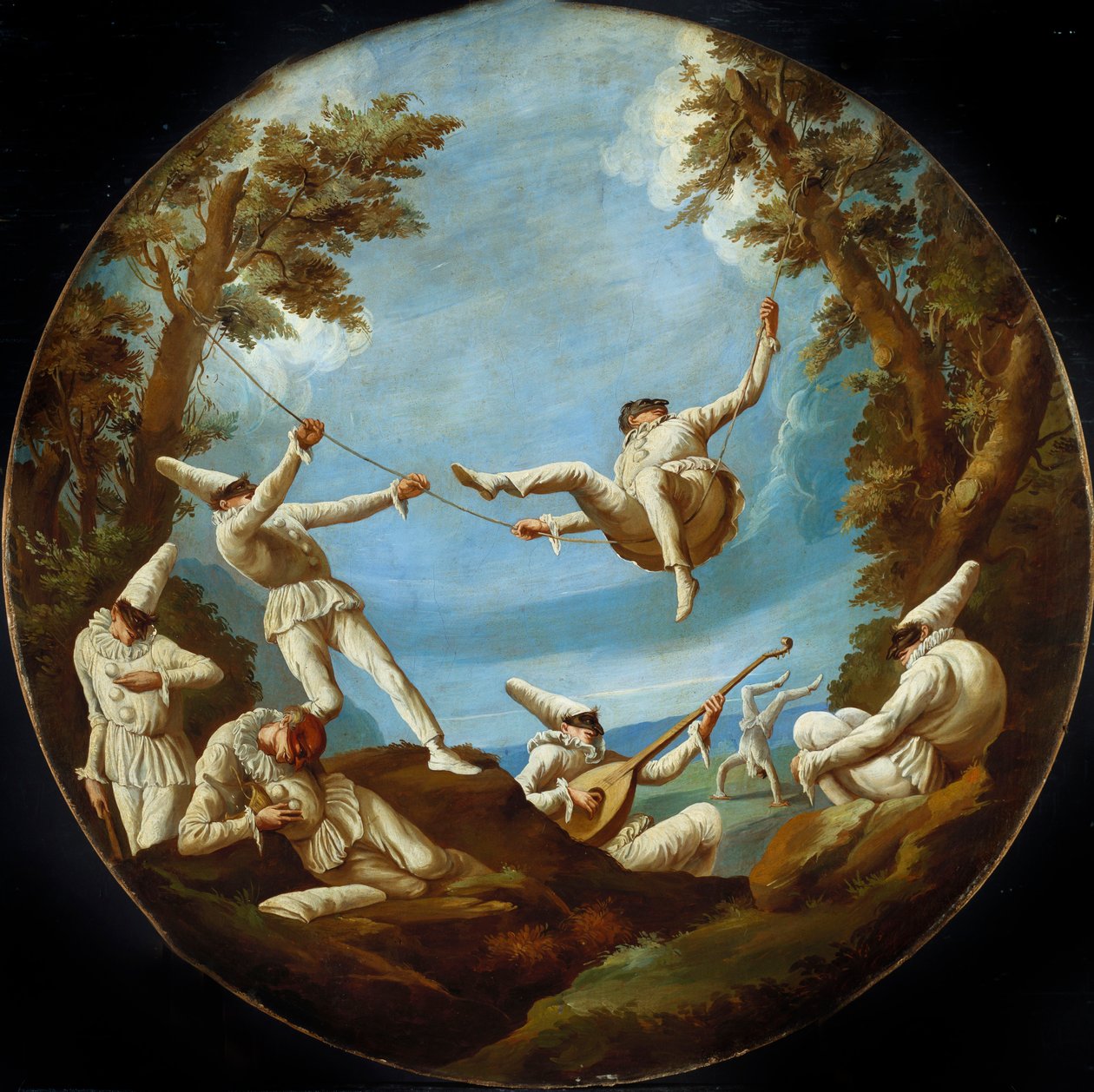 Punchinellos em balanços, fazendo música e fazendo acrobacias em uma paisagem de Giovanni Domenico Tiepolo