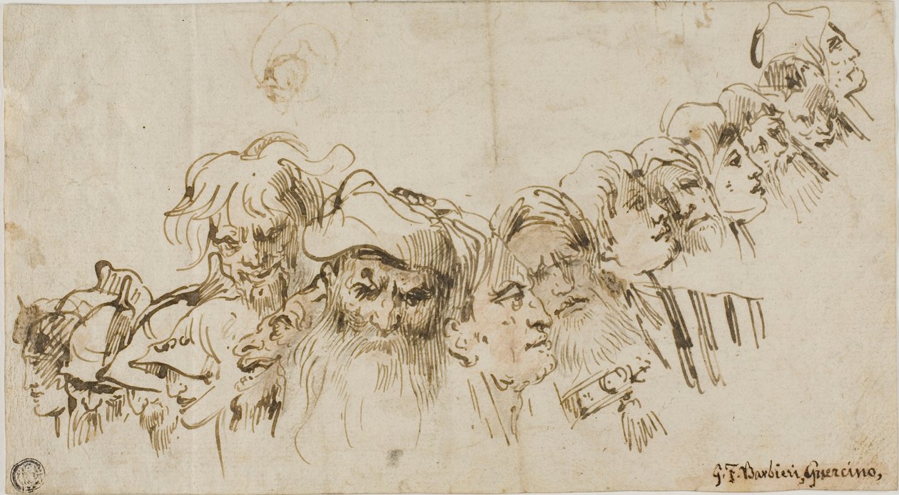 Esboços de cabeças masculinas (frente); rainha e página (verso) de Giovanni Domenico Tiepolo