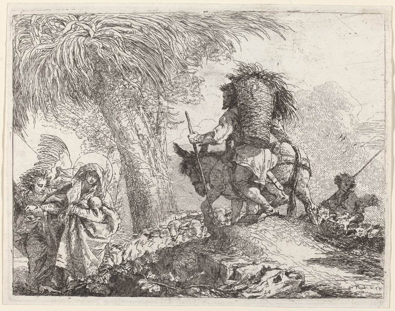 O vôo, José à direita e Maria e anjo à esquerda de Giovanni Domenico Tiepolo
