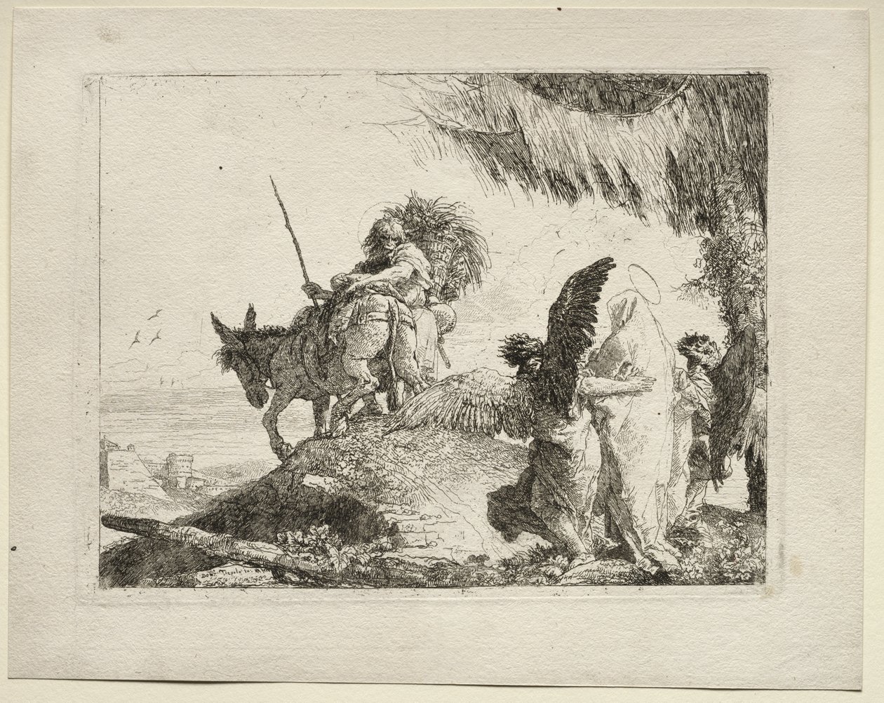 A fuga para o Egito: a fuga com a Madona à direita apoiada por anjos de Giovanni Domenico Tiepolo