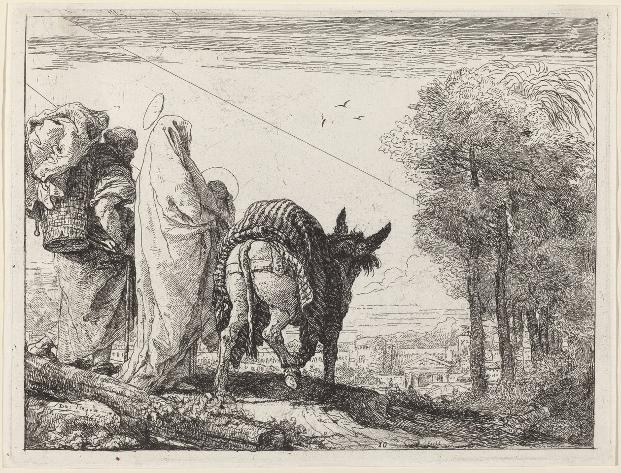 A fuga com a Sagrada Família à esquerda de Giovanni Domenico Tiepolo
