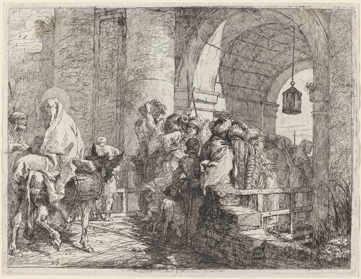 A Sagrada Família chegando em um portão da cidade de Giovanni Domenico Tiepolo