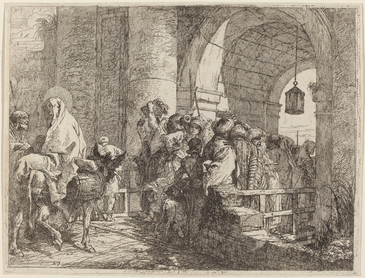 A Sagrada Família chegando em um portão da cidade de Giovanni Domenico Tiepolo