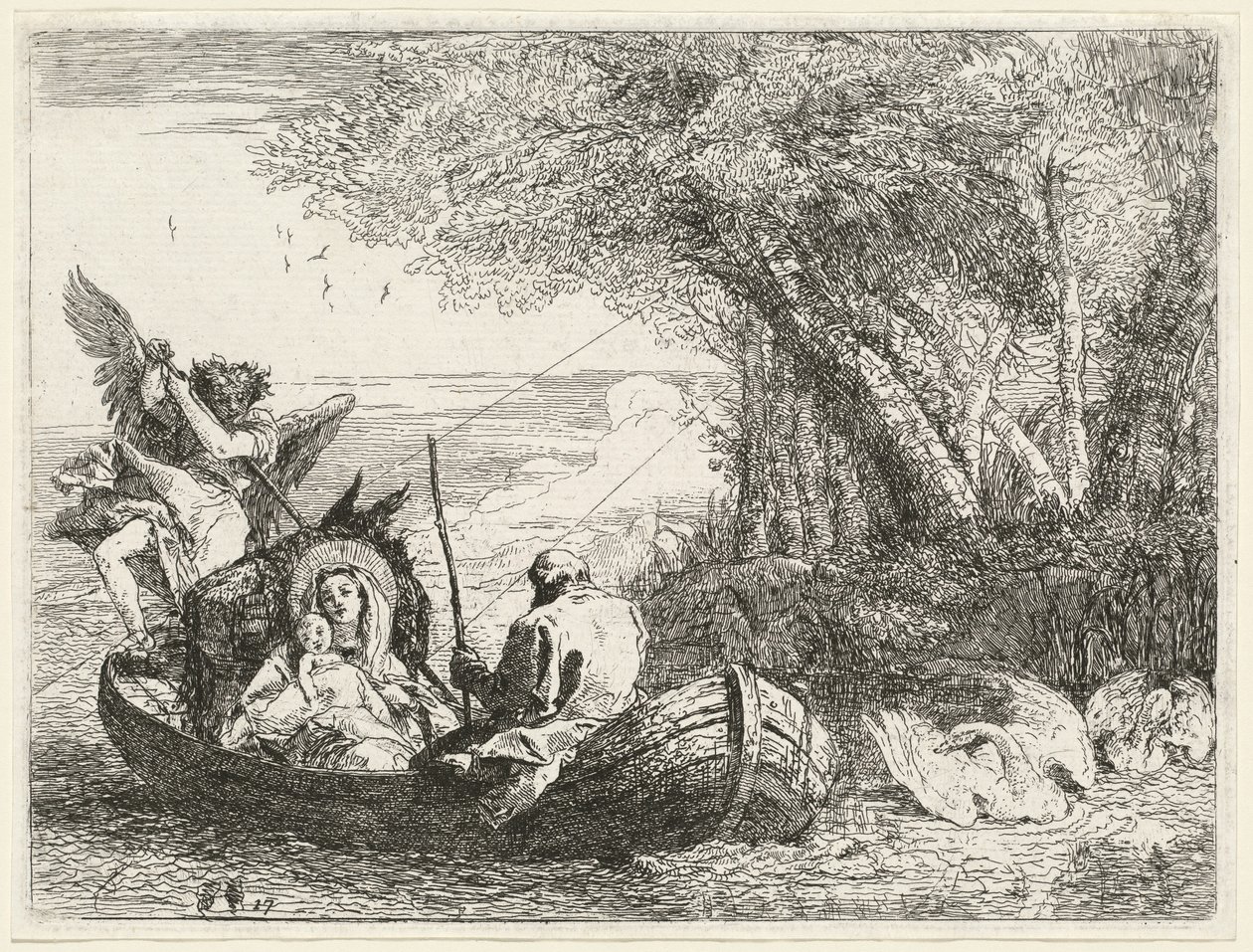 A Sagrada Família sendo transportada através do rio de Giovanni Domenico Tiepolo
