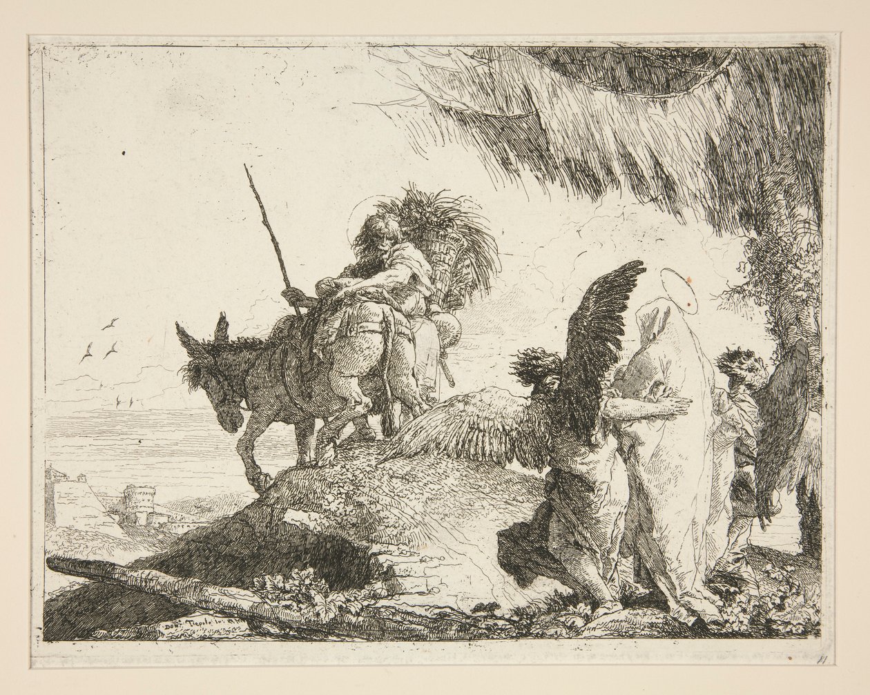A Sagrada Família Entre Dois Anjos, da série Idee pittoresche sopra la fuga em Egitto (Voo para o Egipto) de Giovanni Domenico Tiepolo