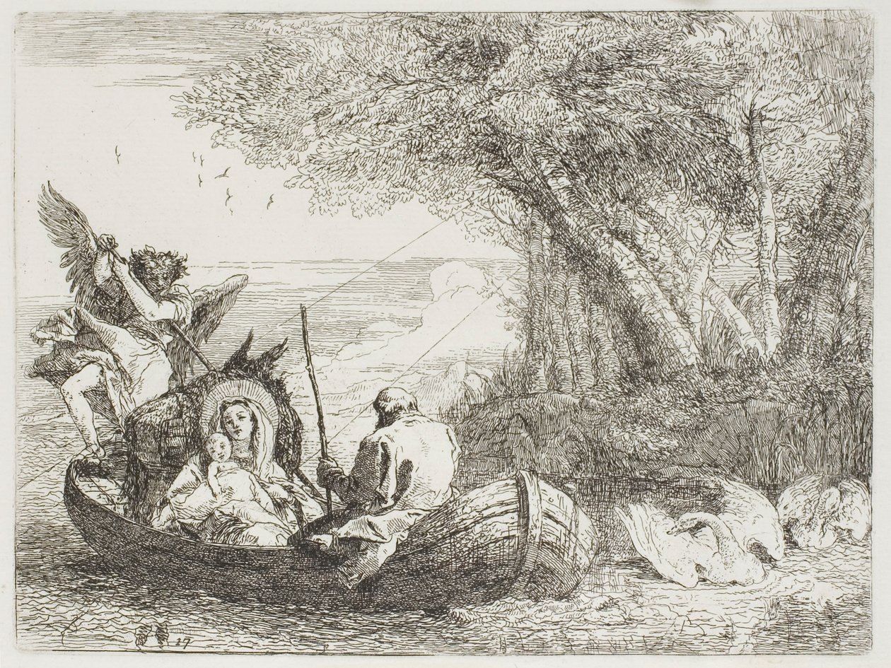 A Sagrada Família Atravessando o Lago no Barco, placa dezessete de A Fuga para o Egito de Giovanni Domenico Tiepolo
