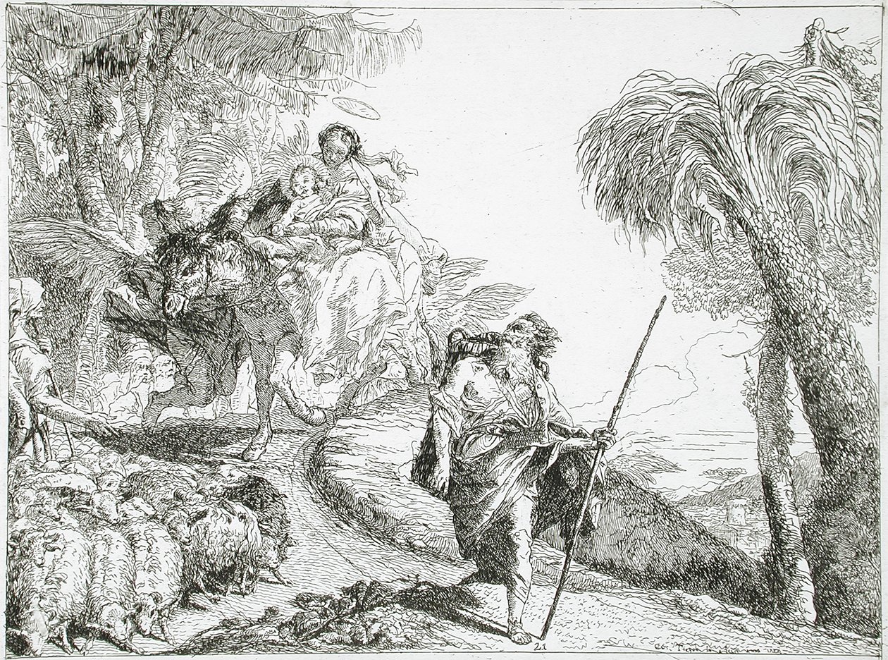 A Sagrada Família desce por um caminho na floresta, junto de um rebanho e de alguns pastores de Giovanni Domenico Tiepolo