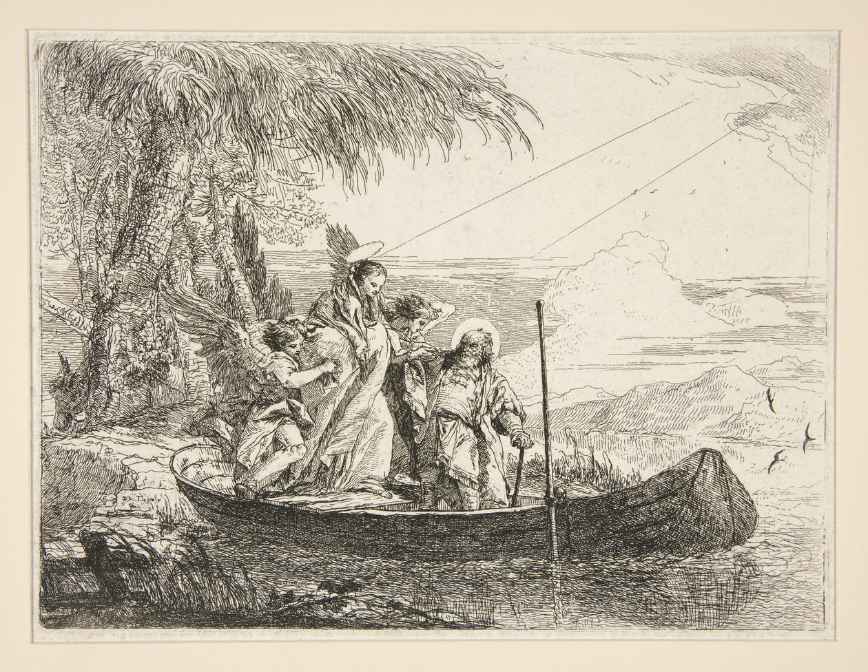 A Sagrada Família Entra em um Barco, da série Idee pittoresche sopra la fuga in Egitto (Flight into Egypt) de Giovanni Domenico Tiepolo