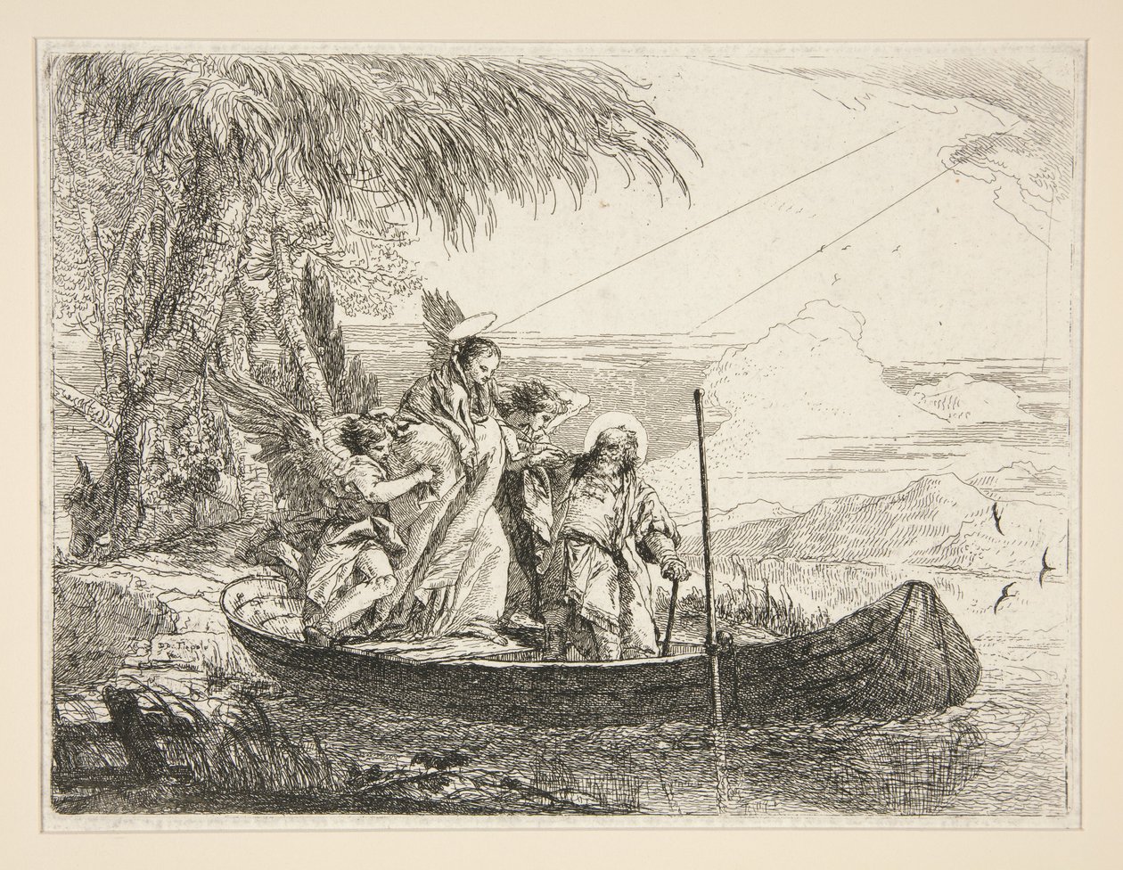 A Sagrada Família entra num barco, da série «Idee pittoresche sopra la fuga in Egitto» (Fuga para o Egito) de Giovanni Domenico Tiepolo