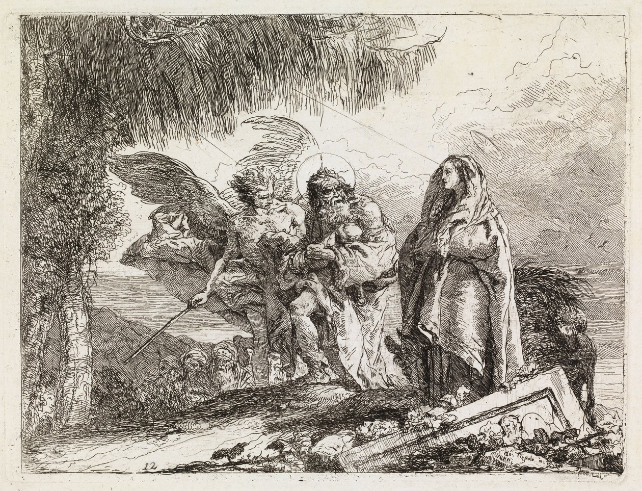 A Sagrada Família acompanhada por um anjo (A Fuga para o Egito XII) de Giovanni Domenico Tiepolo