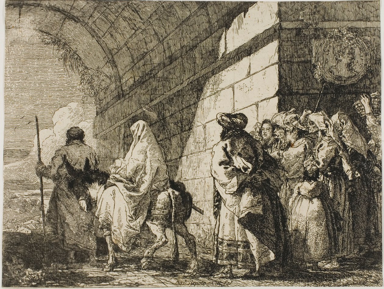 A Sagrada Família saindo por um portão da cidade, placa sete de A Fuga para o Egito de Giovanni Domenico Tiepolo