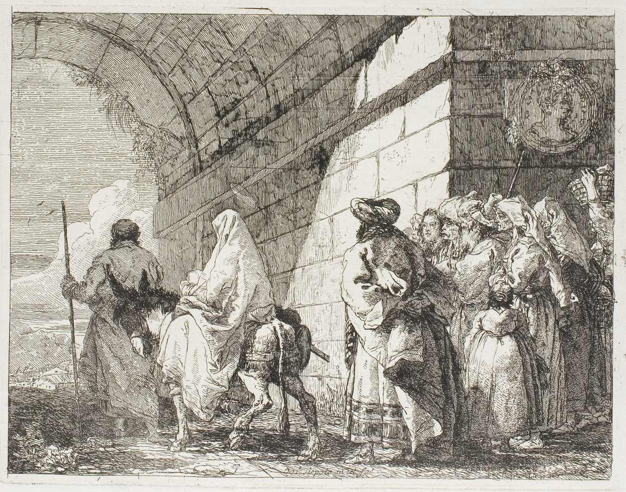 A Sagrada Família saindo por um portão da cidade, placa sete de A Fuga para o Egito de Giovanni Domenico Tiepolo