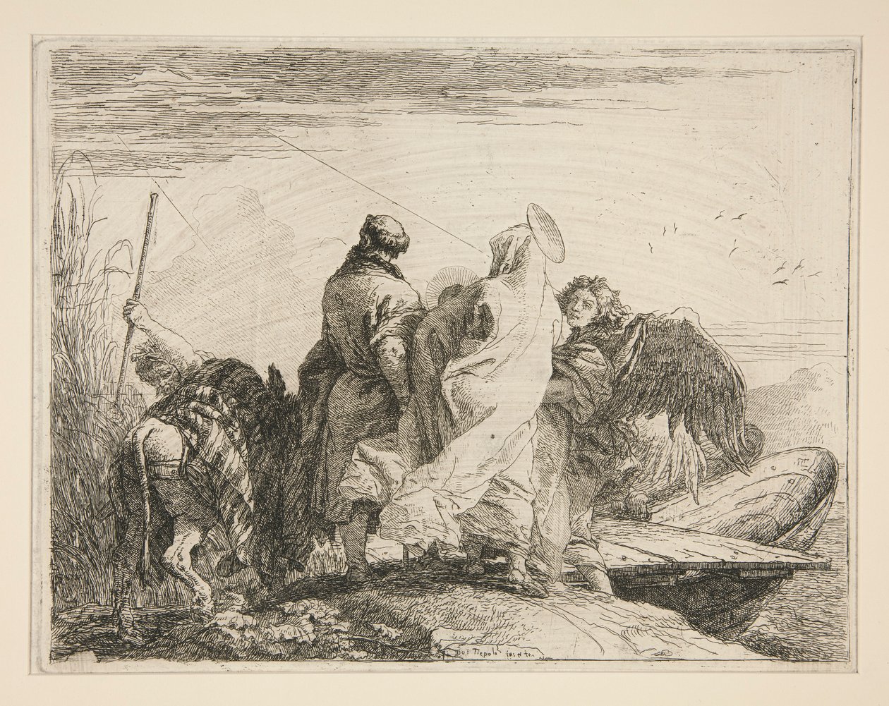 A Sagrada Família Deixando a margem do rio, da série Idee pittoresche sopra la fuga em Egitto (Voo para o Egipto) de Giovanni Domenico Tiepolo