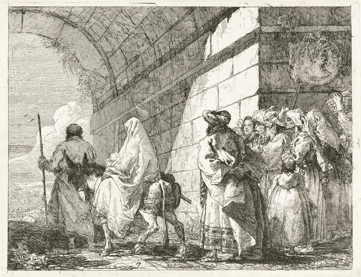A Sagrada Família passa por baixo de um arco da cidade de Giovanni Domenico Tiepolo