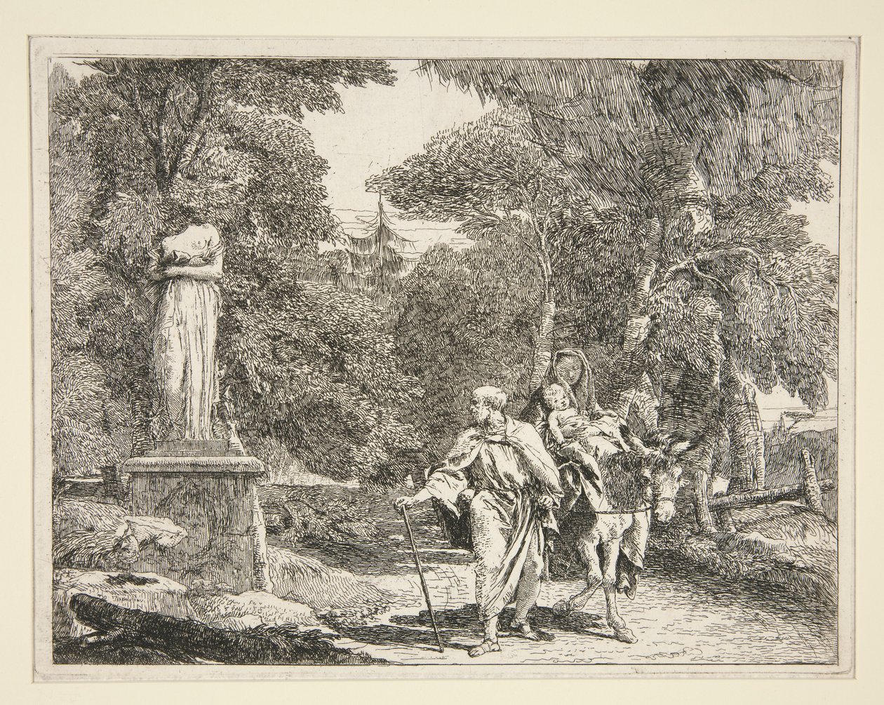 A Sagrada Família Passando Perto de uma Estátua, da série Idee pittoresche sopra la fuga in Egitto (Flight into Egypt) de Giovanni Domenico Tiepolo
