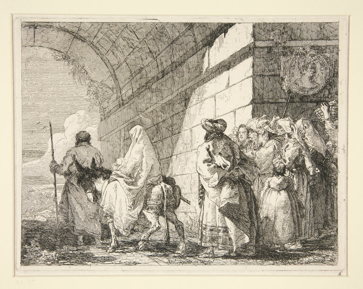 A Sagrada Família Passando sob um Arco, Partindo por um Portão da Cidade, da série Idee pittoresche sopra la fuga in Egitto (Flight into Egypt) de Giovanni Domenico Tiepolo
