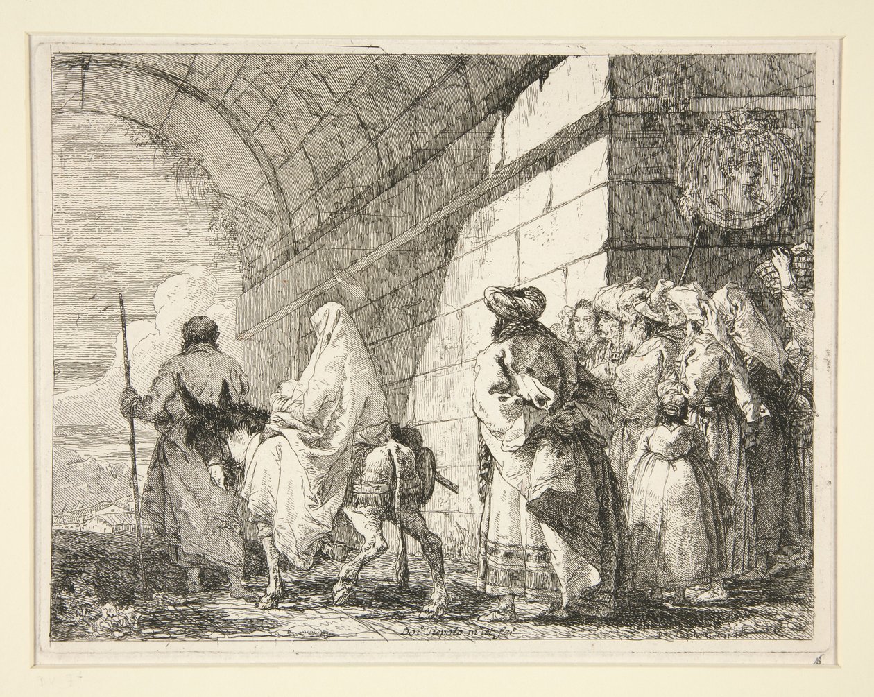 A Sagrada Família a passar por baixo de um arco, ao sair por um portão da cidade, da série «Idee pittoresche sopra la fuga in Egitto» (Fuga para o Egito) de Giovanni Domenico Tiepolo
