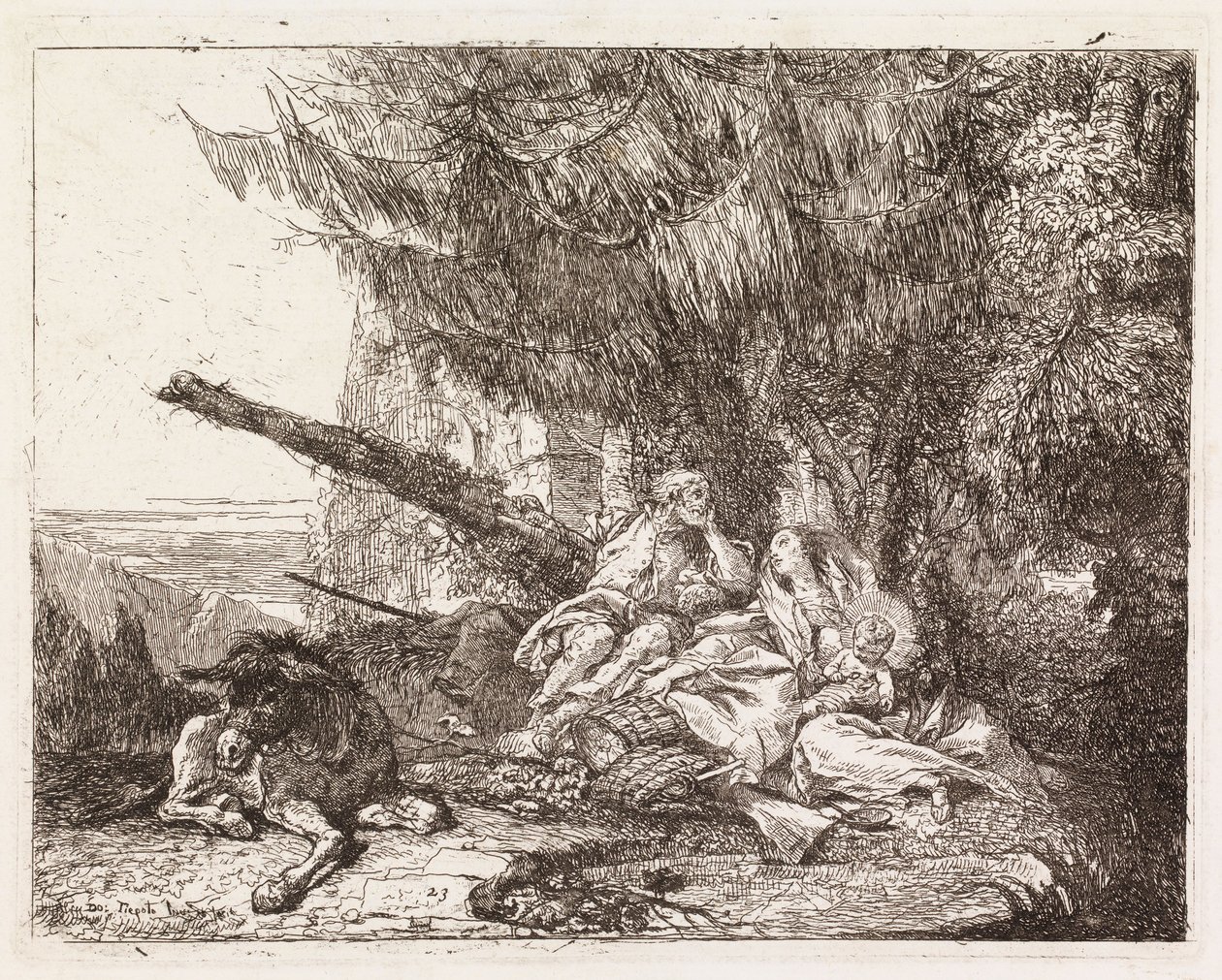 A Sagrada Família descansando sob um abeto (A fuga para o Egipto XXIII) de Giovanni Domenico Tiepolo
