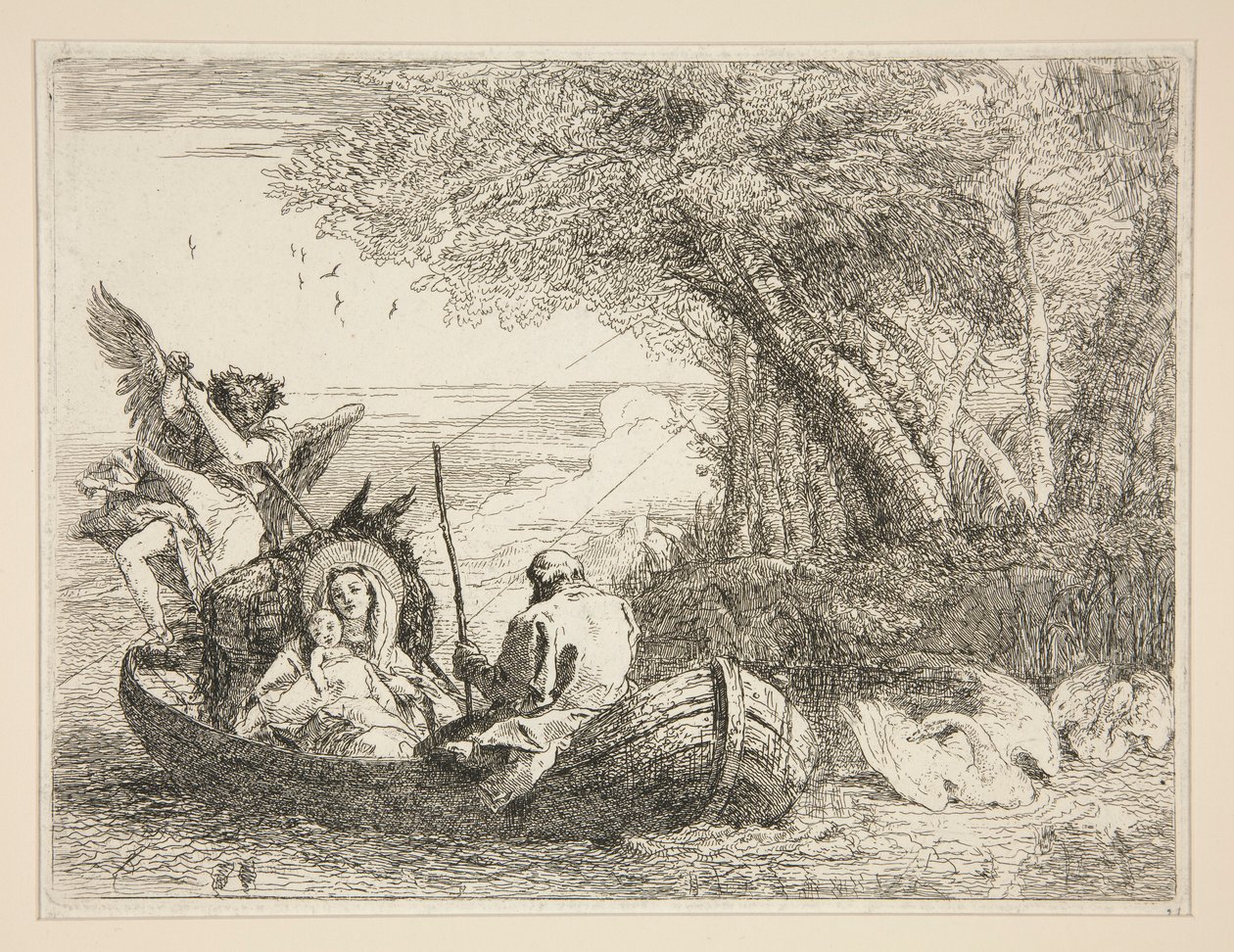 A Sagrada Família Viajando de Barco, da série Idee pittoresche sopra la fuga em Egitto (Voo para o Egipto) de Giovanni Domenico Tiepolo