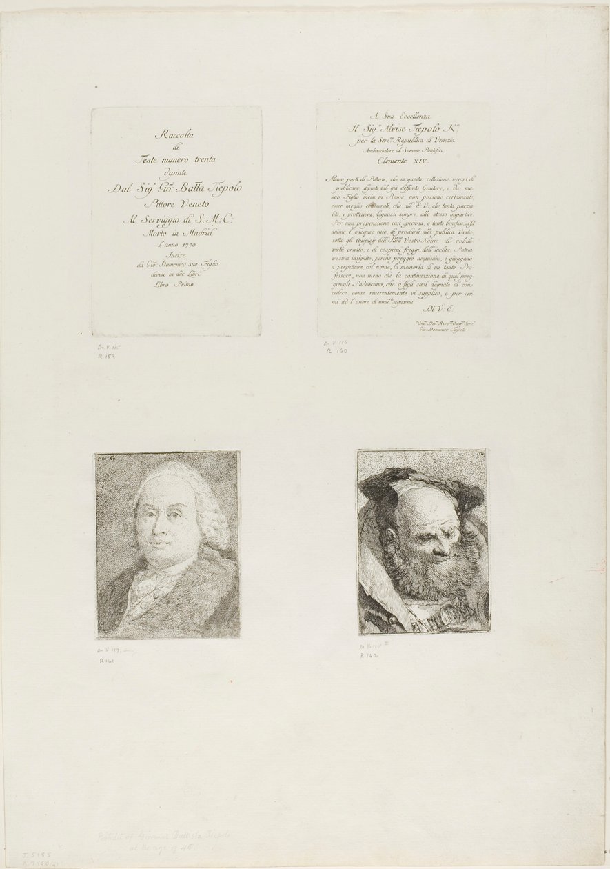 Página de rosto, dedicatória, retrato de Giambattista Tiepolo, velho barbudo de Giovanni Domenico Tiepolo