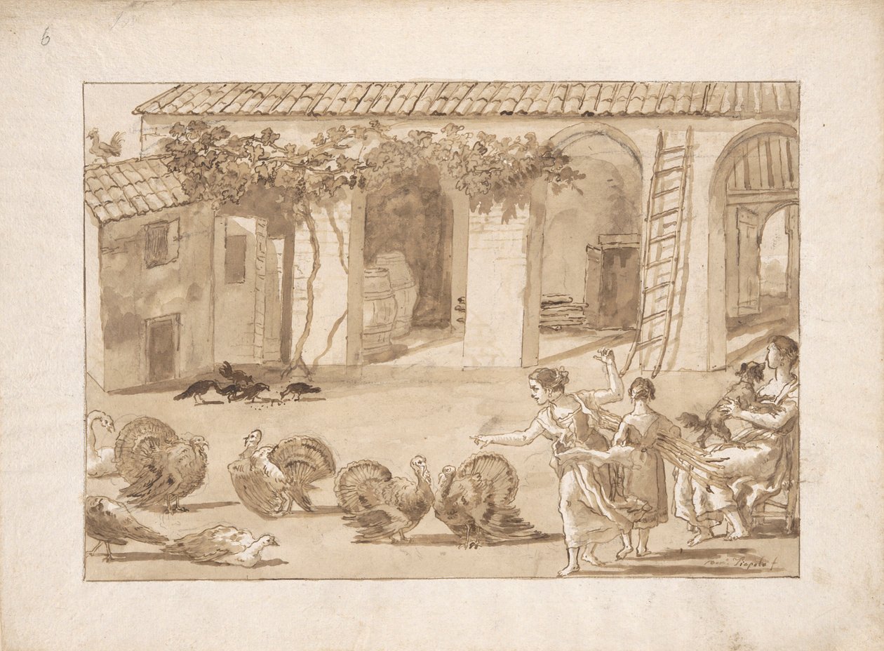 Perus em um curral veneziano, o terceiro desenho em Tiepolo de Giovanni Domenico Tiepolo