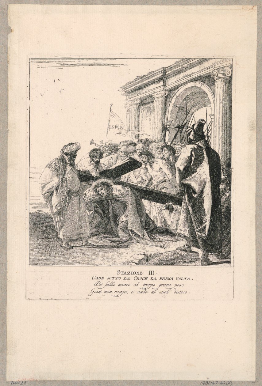 Via crucis - Estação III, ele cai sob a cruz pela primeira vez de Giovanni Domenico Tiepolo