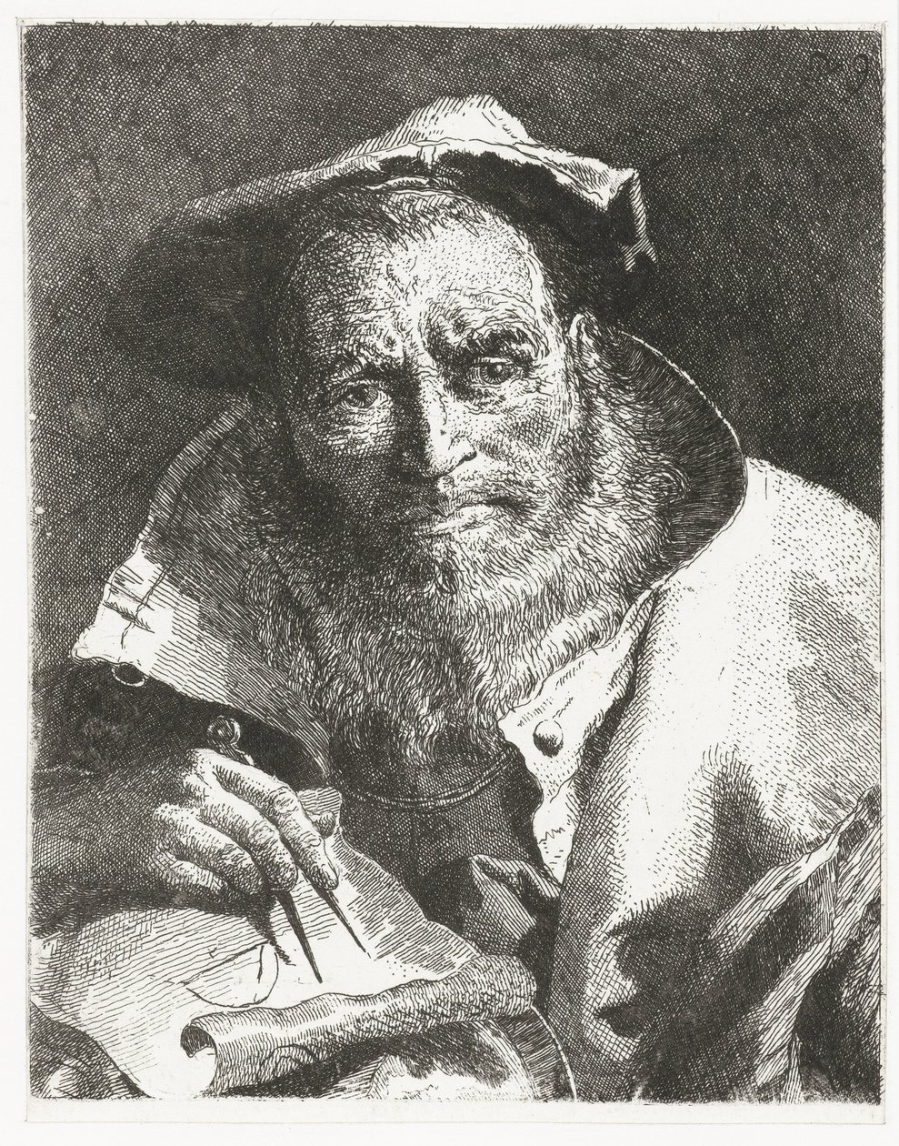 Cientista com boina na cabeça e compasso na mão Coleção de cabeças (título da série) Raccolta di Teste (título da série) de Giovanni Domenico Tiepolo