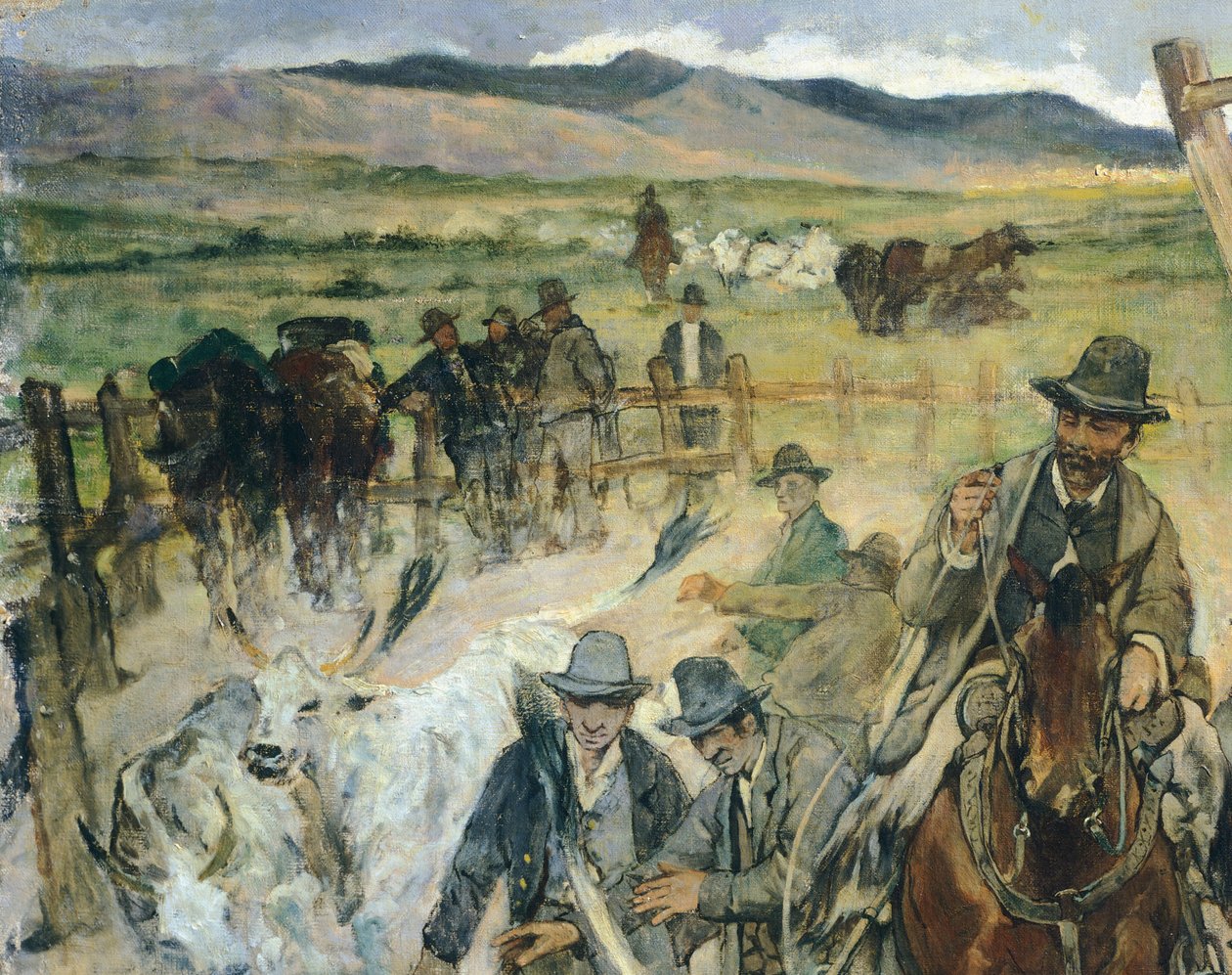Marca de touros jovens em Maremma, cerca de 1887, de Giovanni Fattori (1825-1908), 86x172 cm, Detalhe de Giovanni Fattori