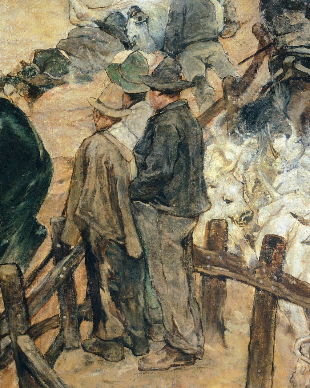 Marca de touros jovens em Maremma, cerca de 1887, de Giovanni Fattori (1825-1908), 86x172 cm, Detalhe de Giovanni Fattori