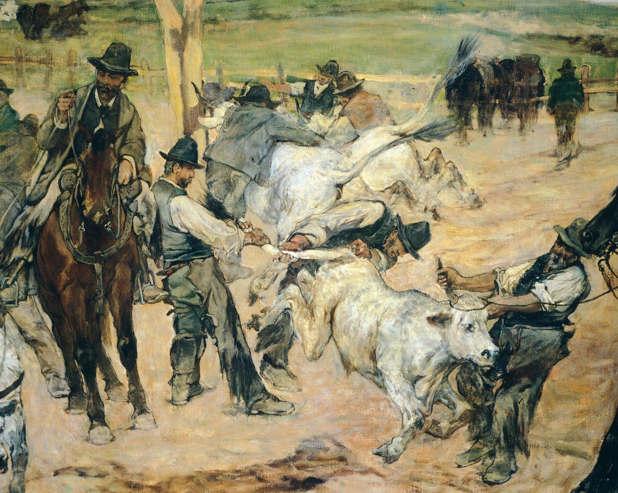 Marca de touros jovens em Maremma, cerca de 1887, de Giovanni Fattori (1825-1908), 86x172 cm, Detalhe de Giovanni Fattori