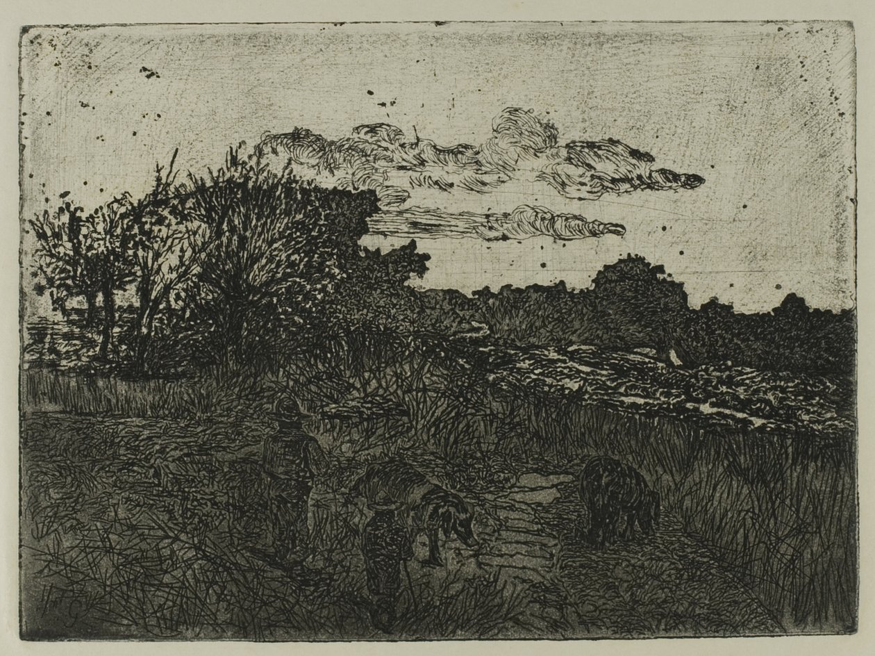 País ao pôr do sol com porqueiros de Giovanni Fattori