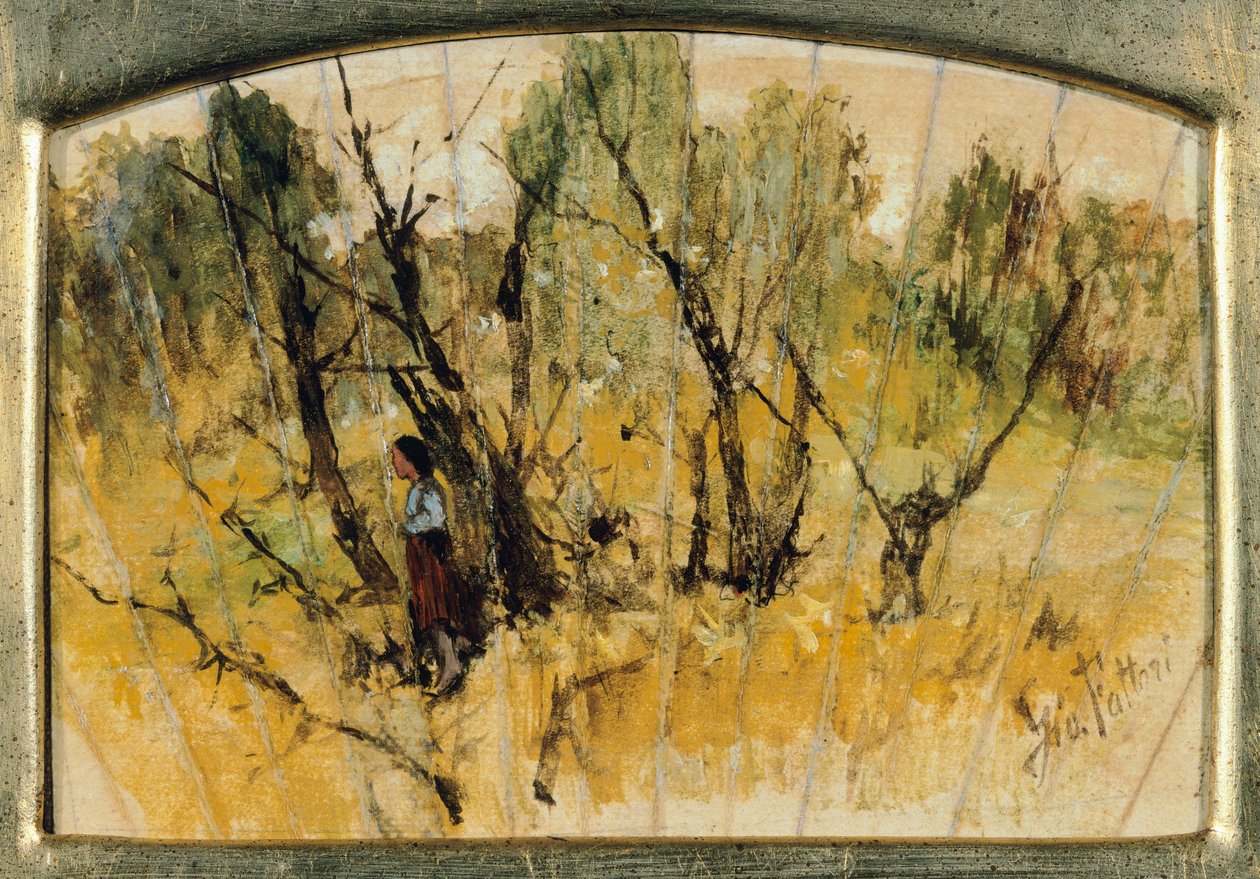 Floresta com uma figura, o estudo de um ventilador, de Giovanni Fattori, óleo sobre papel sobre tela de Giovanni Fattori