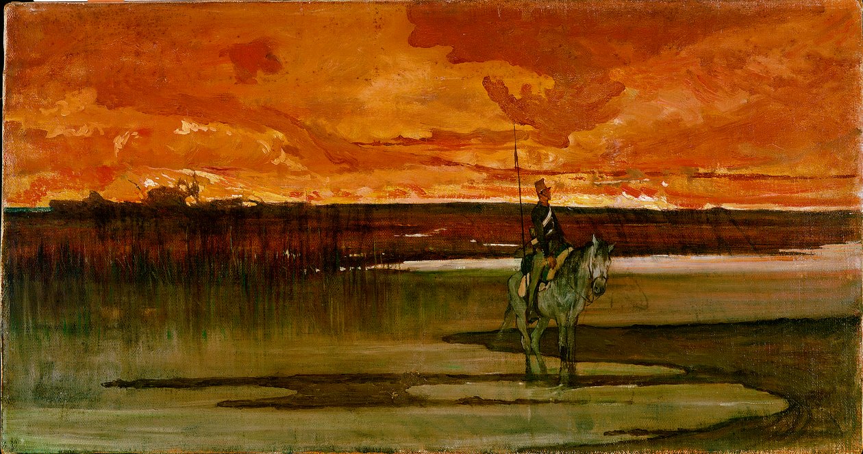 Lanciere di vedetta presso un fiume O vigia do rio. Pintura de Giovanni Fattori (1825-1908) 1885-1890 Sol. 27x57 cm Florença, Galleria d