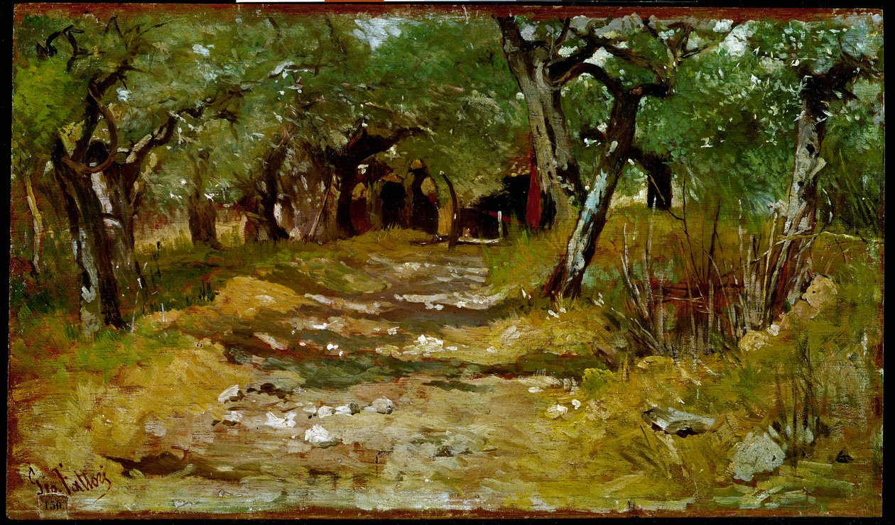 O Caminho entre as Azeitonas Pintura de Giovanni Fattori (1825-1908) 1890-1900 Sol. 19x33 cm Florença, Galleria d