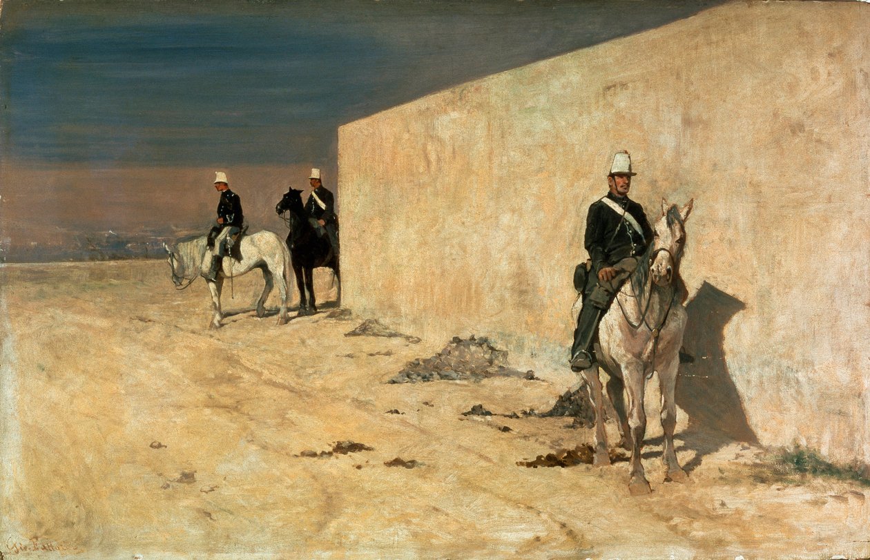 O mirante (A parede branca) Cavaleiros de guarda diante de uma parede branca no deserto. Pintura de Giovanni Fattori (1825-1908) de Giovanni Fattori