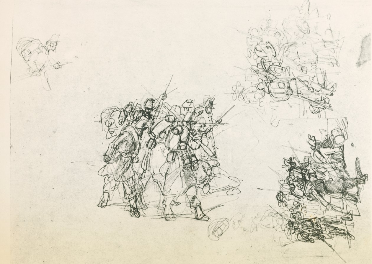 Três esboços para grupos de soldados (lápis preto) de Giovanni Fattori
