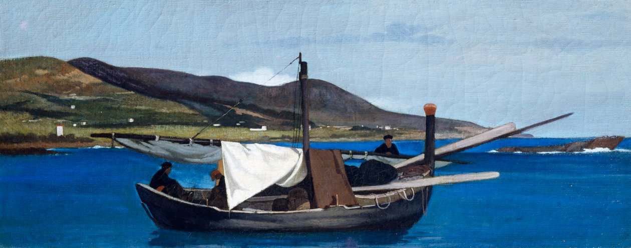 Ponta de Romito com barco e pescadores, de Giovanni Fattori (1825-1908), óleo sobre painel, 22,5x56,5 cm de Giovanni Fattori