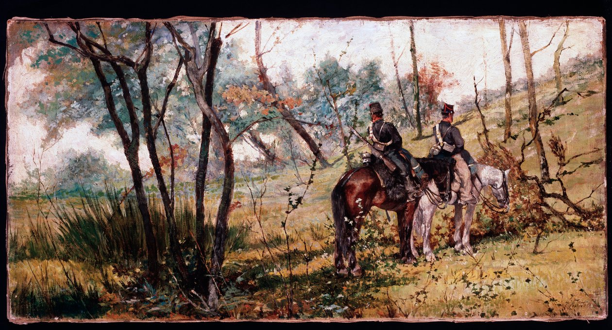 Dois soldados cavalgando debaixo das árvores (Duas pernas de cavalo) - Pintura de Giovanni Fattori