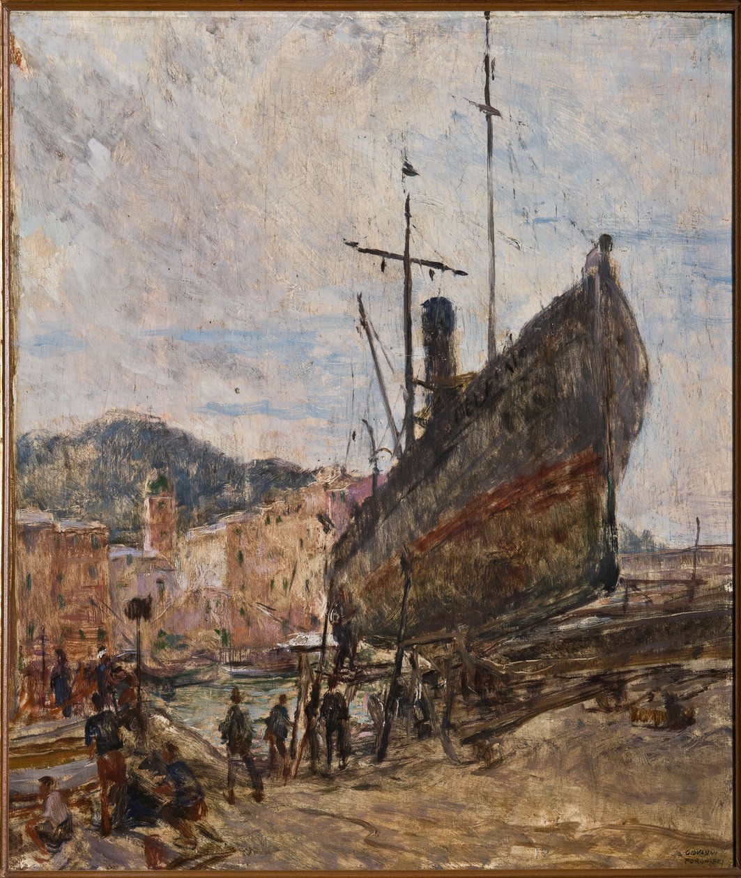 Porto e Barco (óleo a bordo) de Giovanni Forghieri