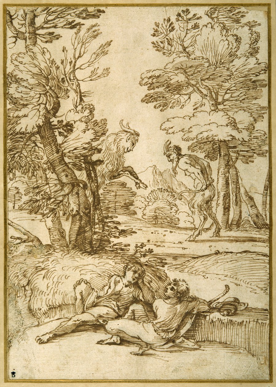Uma paisagem com dois pastores em repouso, enquanto um sátiro e uma dança das cabras (caneta e tinta sobre papel) de Giovanni Francesco Grimaldi